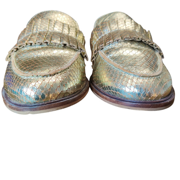 Seychelles Gold Metallic Powerful Leather Snakeskin Fringe Loafers 6.5 Holiday - Picture 3 of 13
